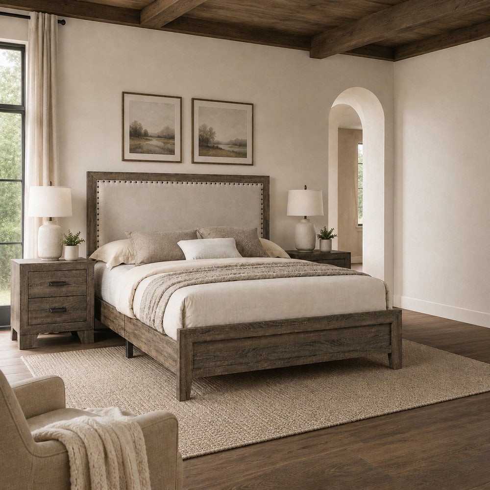 King Bedroom Set, Gray, Ivory, Brown Wood, 3 Piece Set with 2 Nightstands