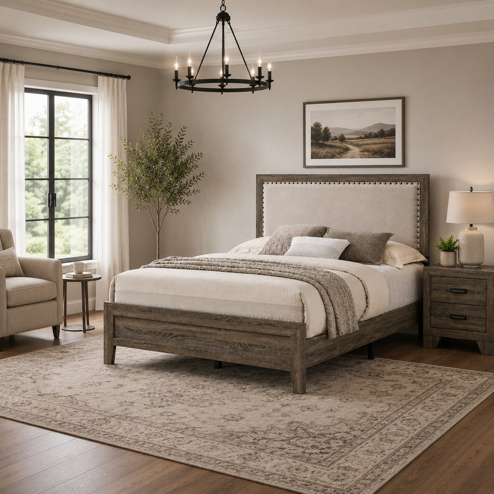 King Bedroom Set, Gray, Ivory, Brown Wood, 2 Piece Set with Nightstand