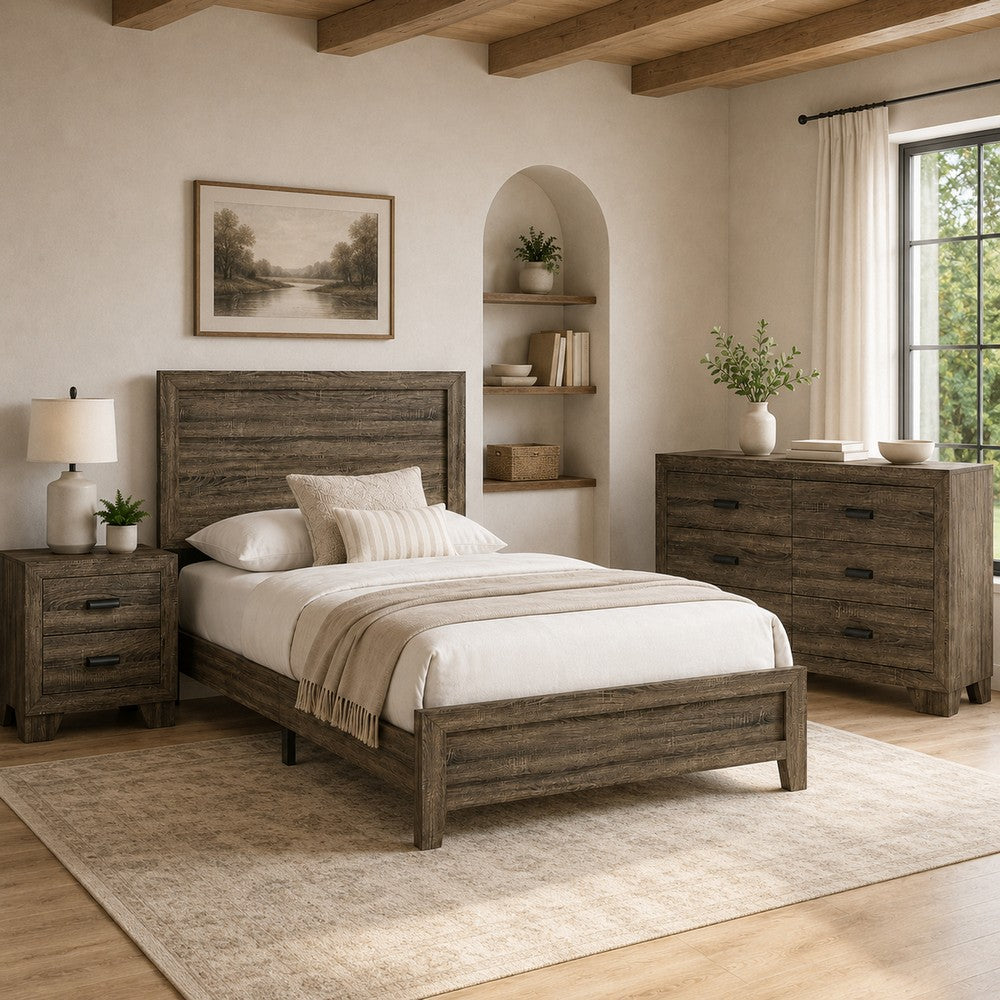 Full Bedroom Set, Brown Wood, 3 Piece Set with Nightstand and Dresser