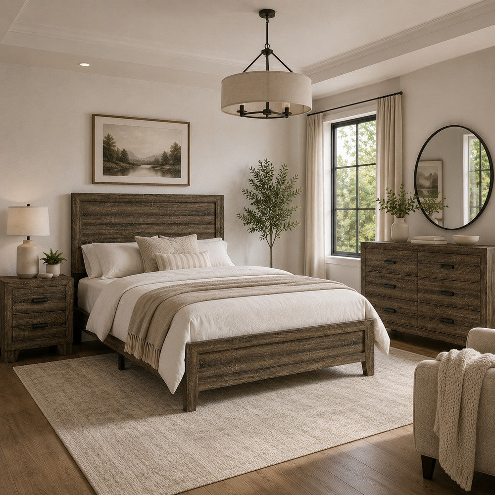 Full Bedroom Set, Brown Wood, 3 Piece Set with Nightstand and Dresser