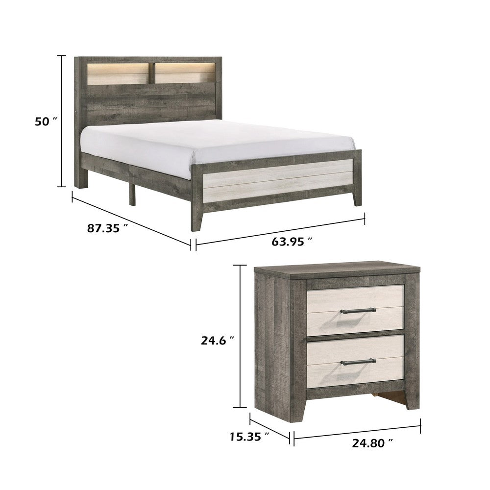 Queen Bedroom Set, Gray, White, Light Ash, Black Wood, 3 Piece Set with 2 Nightstands