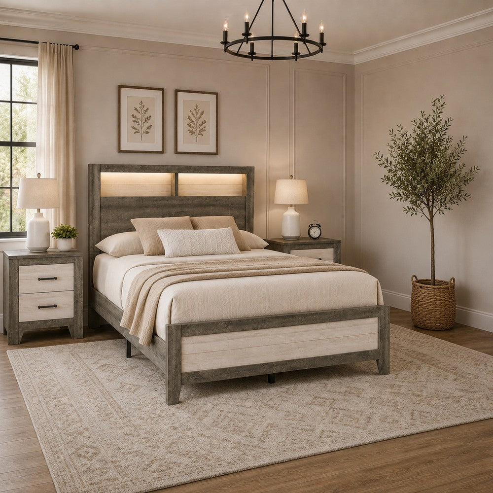 Queen Bedroom Set, Gray, White, Light Ash, Black Wood, 3 Piece Set with 2 Nightstands