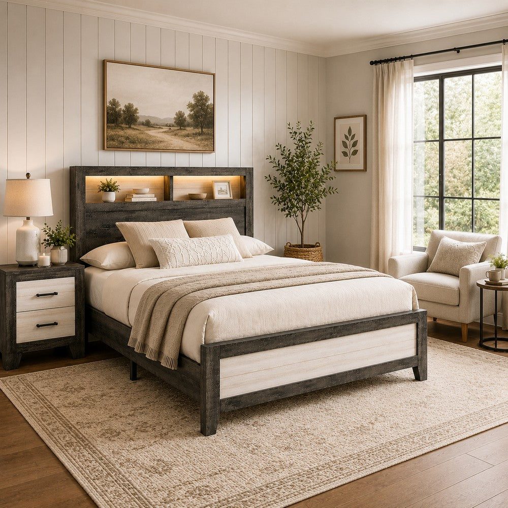 Queen Bedroom Set, Gray, White, Light Ash, Black Wood, 2 Piece Set with Nightstand