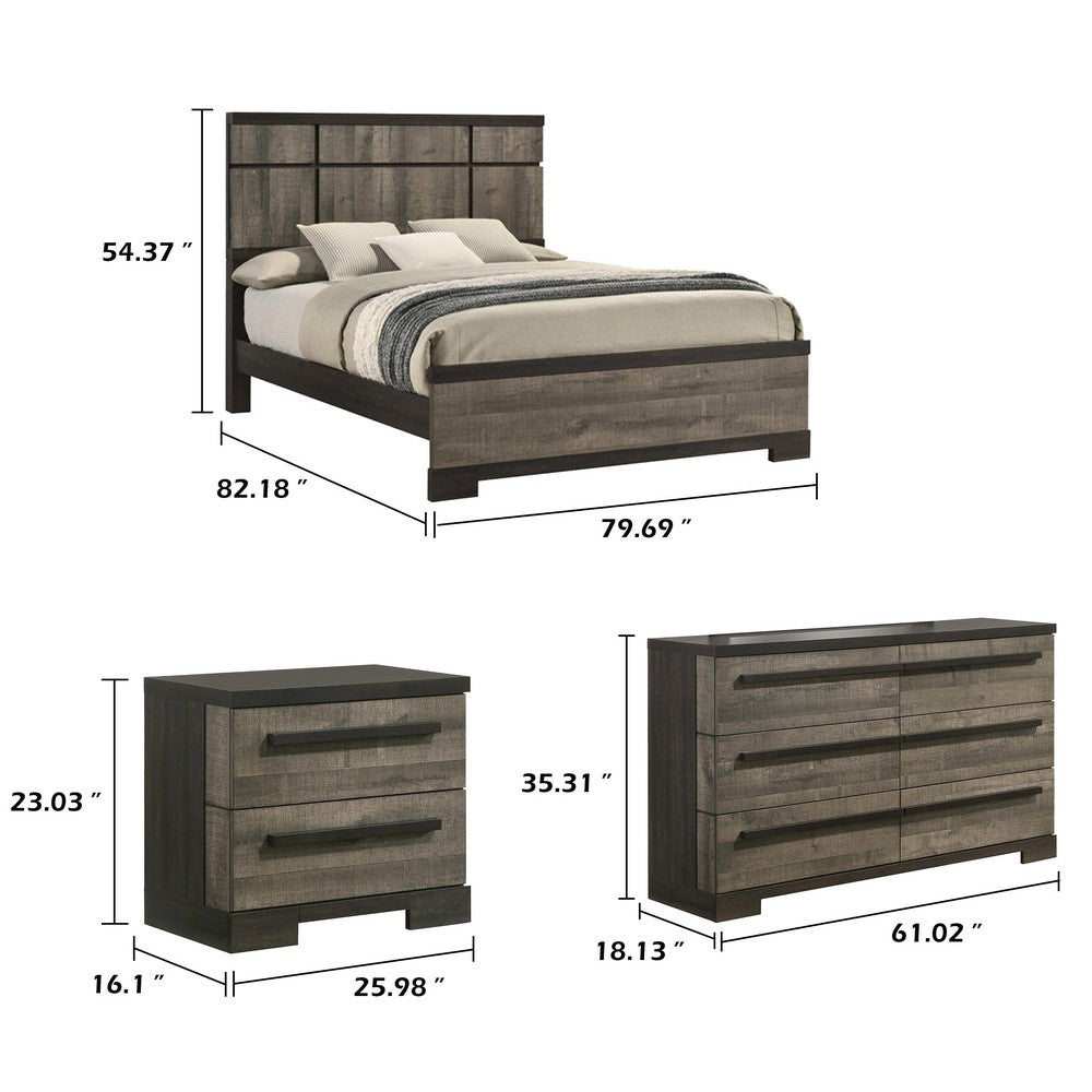 King Bedroom Set, Gray, Ebony Black Wood, 4 Piece Set with Dresser and 2 Nightstands