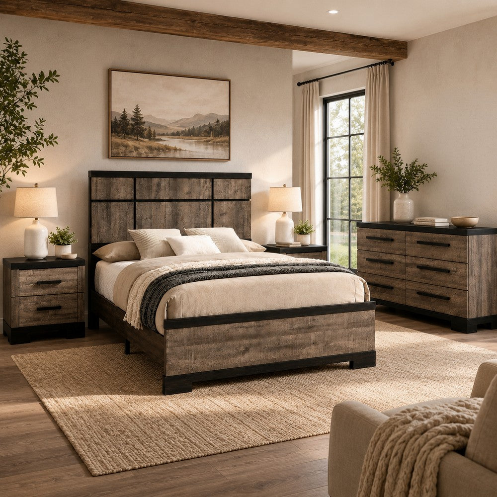 King Bedroom Set, Gray, Ebony Black Wood, 4 Piece Set with Dresser and 2 Nightstands
