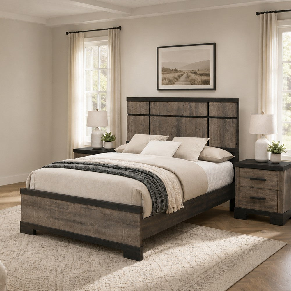 King Bedroom Set, Gray, Ebony Black Wood, 3 Piece Set with 2 Nightstands