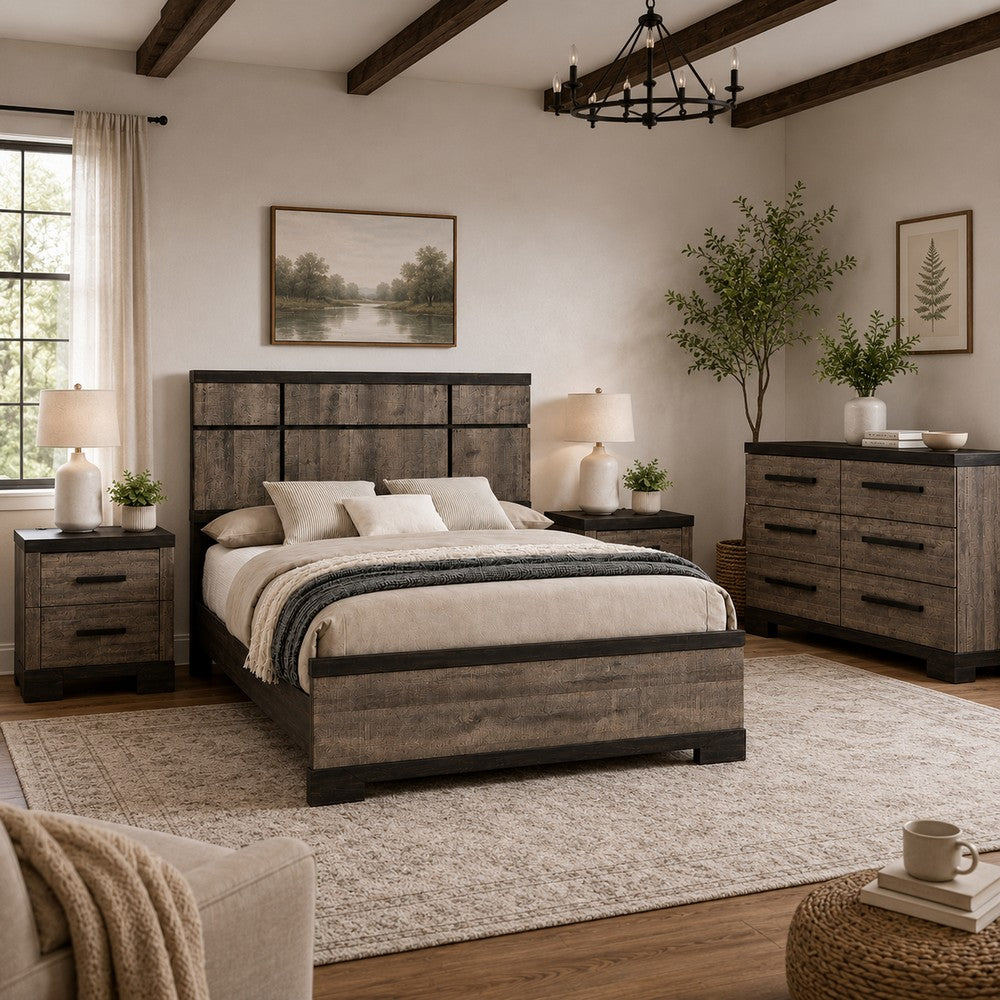 Queen Bedroom Set, Gray, Ebony Black Wood, 4 Piece Set with Dresser and 2 Nightstands