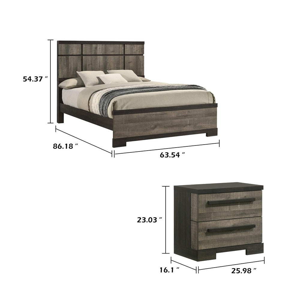 Queen Bedroom Set, Gray, Ebony Black Wood, 3 Piece Set with 2 Nightstands