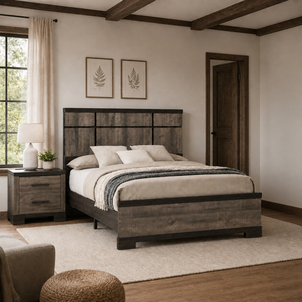 Queen Bedroom Set, Gray, Ebony Black Wood, 2 Piece Set with Nightstand