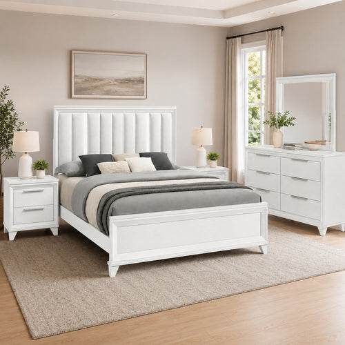King Bedroom Set, White, Silver Wood, 4 Piece Set with Dresser and 2 Nightstands