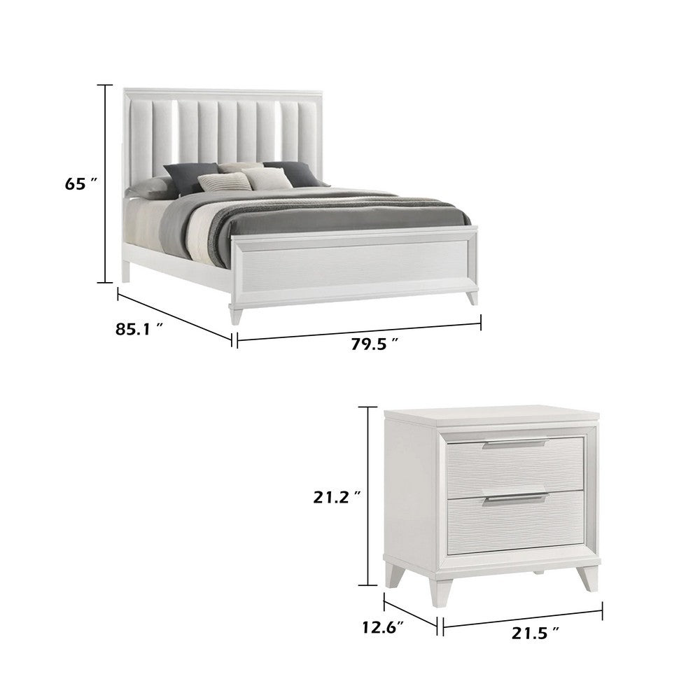 King Bedroom Set, White, Silver Wood, 3 Piece Set with 2 Nightstands
