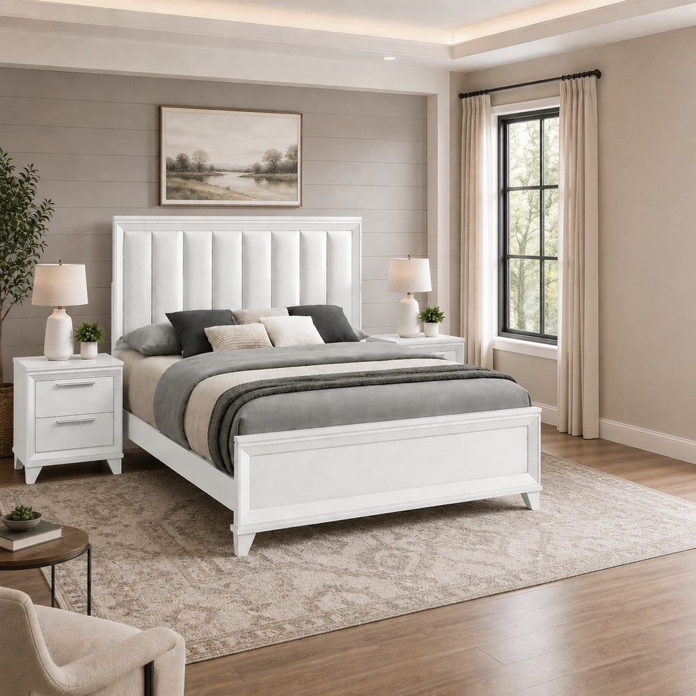 King Bedroom Set, White, Silver Wood, 3 Piece Set with 2 Nightstands
