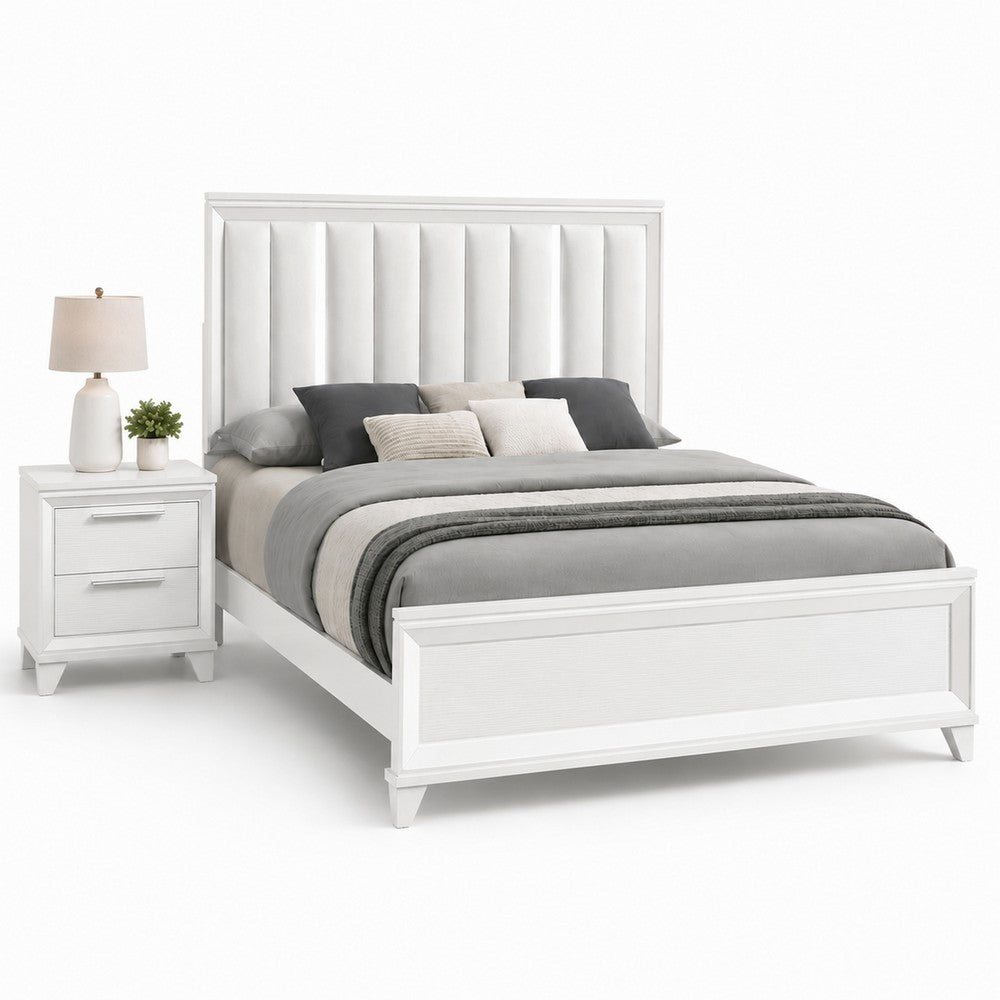 King Bedroom Set, White, Silver Wood, 2 Piece Set with Nightstand