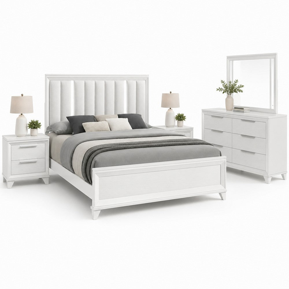 Queen Bedroom Set, White, Silver Wood, 4 Piece Set with Dresser and 2 Nightstands