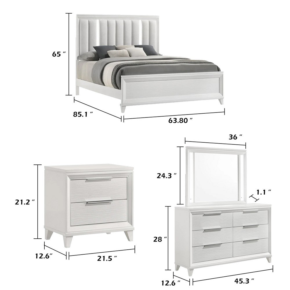 Queen Bedroom Set, White, Silver Wood, 4 Piece Set with Dresser and 2 Nightstands