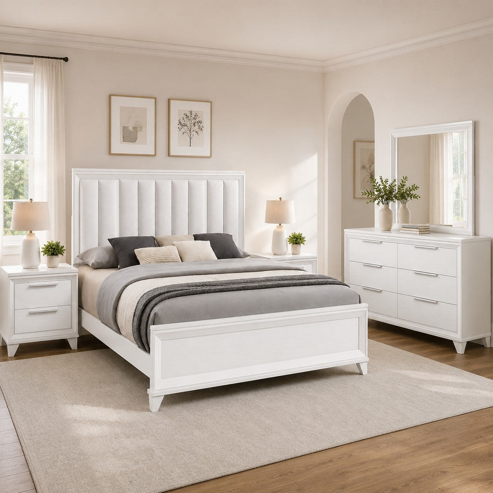 Queen Bedroom Set, White, Silver Wood, 4 Piece Set with Dresser and 2 Nightstands