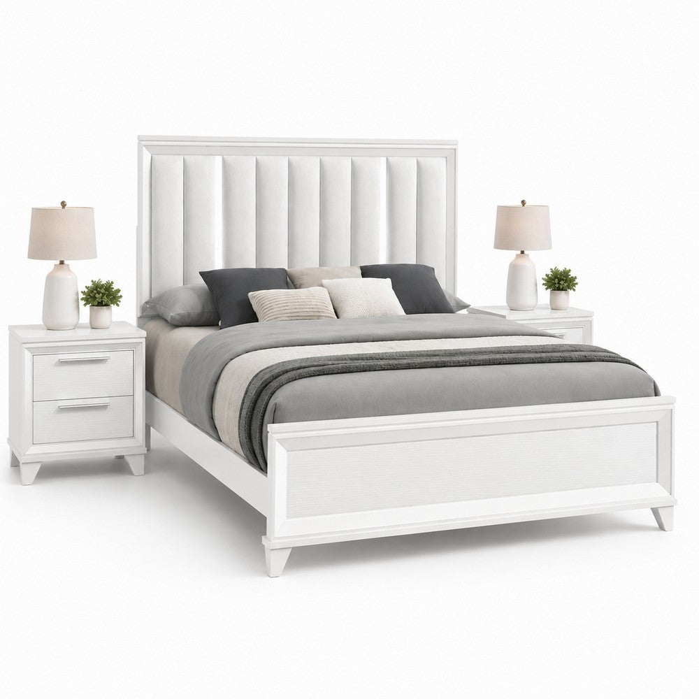 Queen Bedroom Set, White, Silver Wood, 3 Piece Set with 2 Nightstands