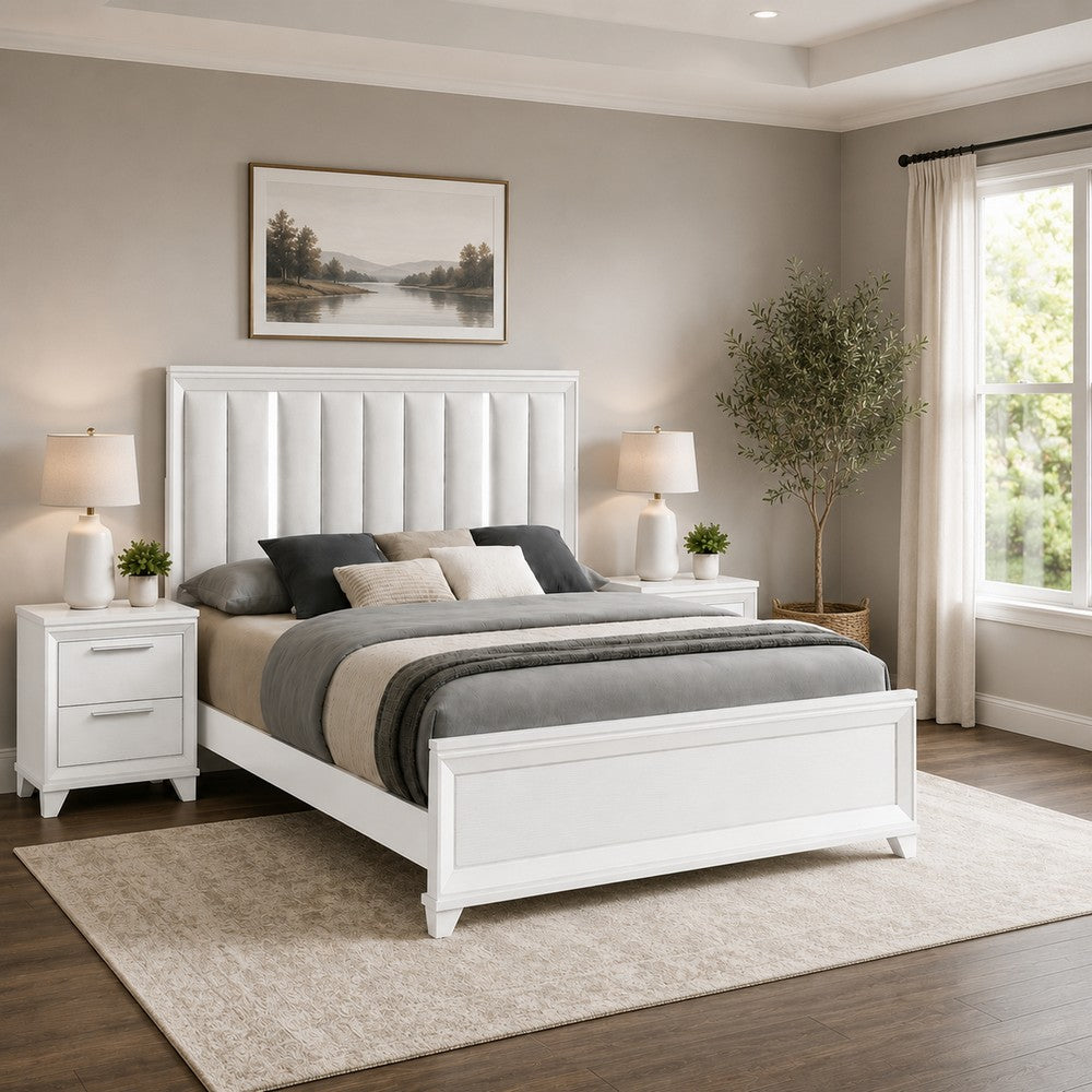 Queen Bedroom Set, White, Silver Wood, 3 Piece Set with 2 Nightstands