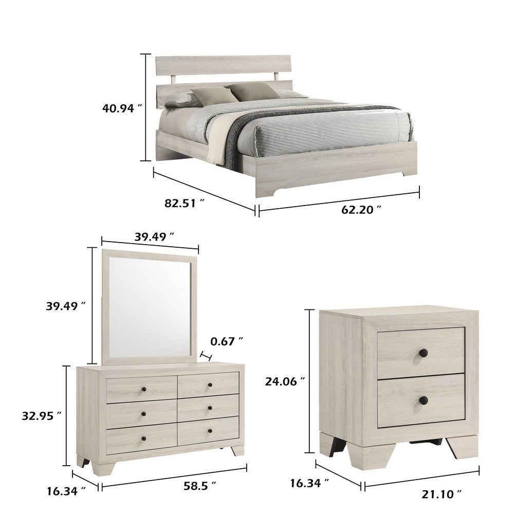 Queen Bedroom Set, White, Black Wood, 4 Piece Set with 2 Nightstands and Dresser