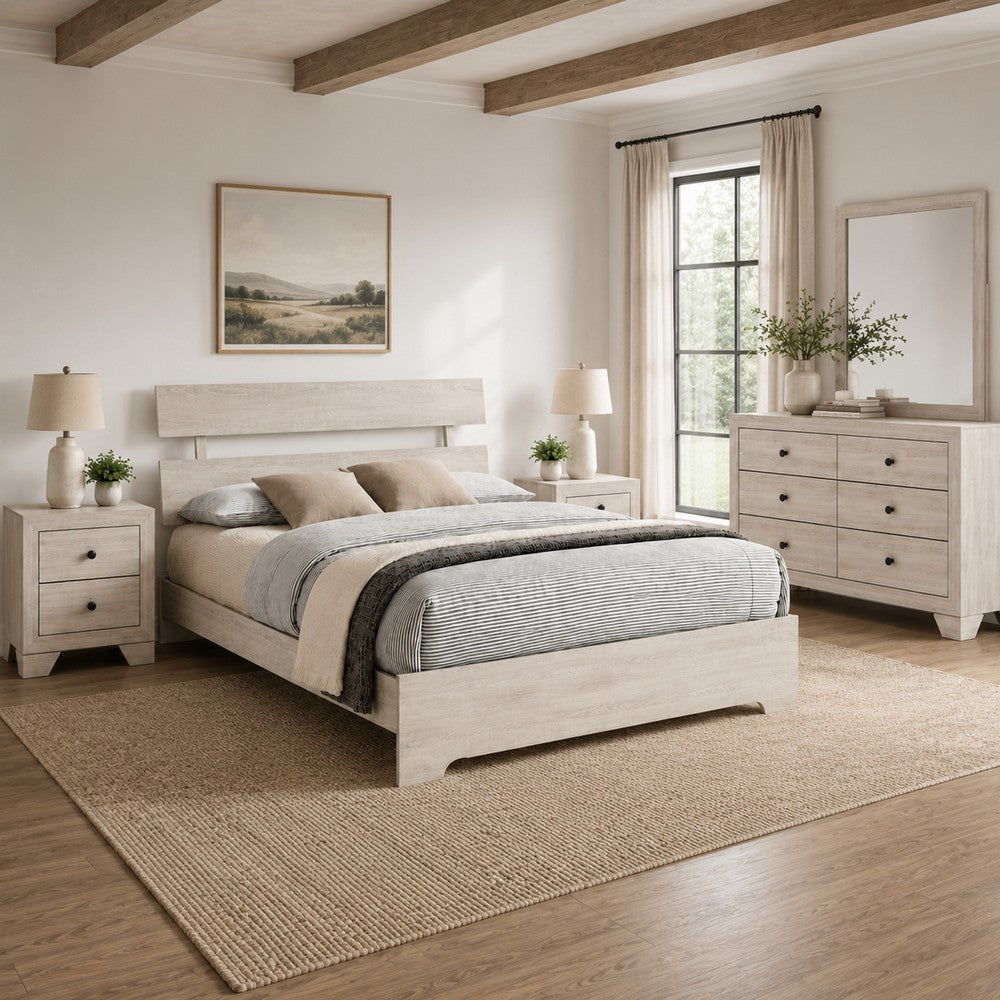 Queen Bedroom Set, White, Black Wood, 4 Piece Set with 2 Nightstands and Dresser