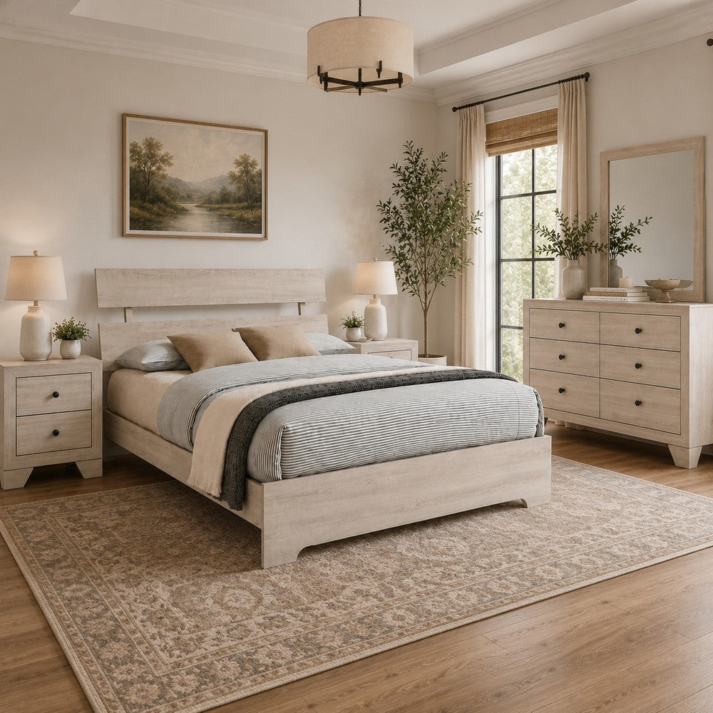 Queen Bedroom Set, White, Black Wood, 4 Piece Set with 2 Nightstands and Dresser