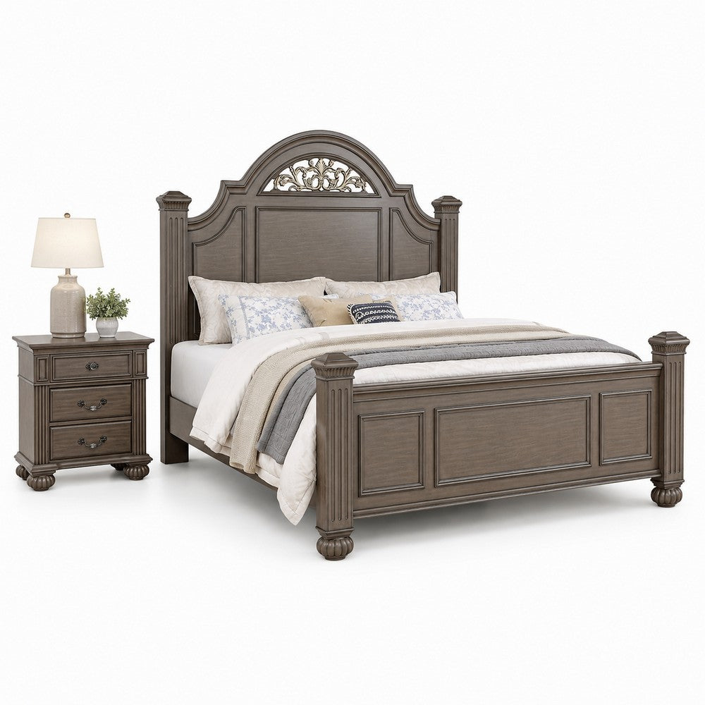 Queen Bedroom Set, Gray, Brass, Clear Wood, 2 Piece Set with Nightstand