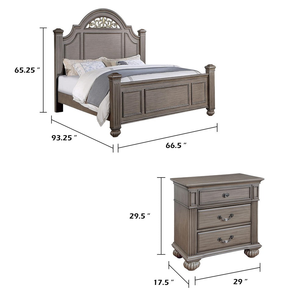 Queen Bedroom Set, Gray, Brass, Clear Wood, 2 Piece Set with Nightstand