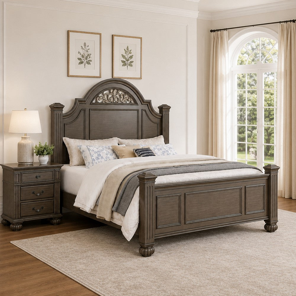 Queen Bedroom Set, Gray, Brass, Clear Wood, 2 Piece Set with Nightstand