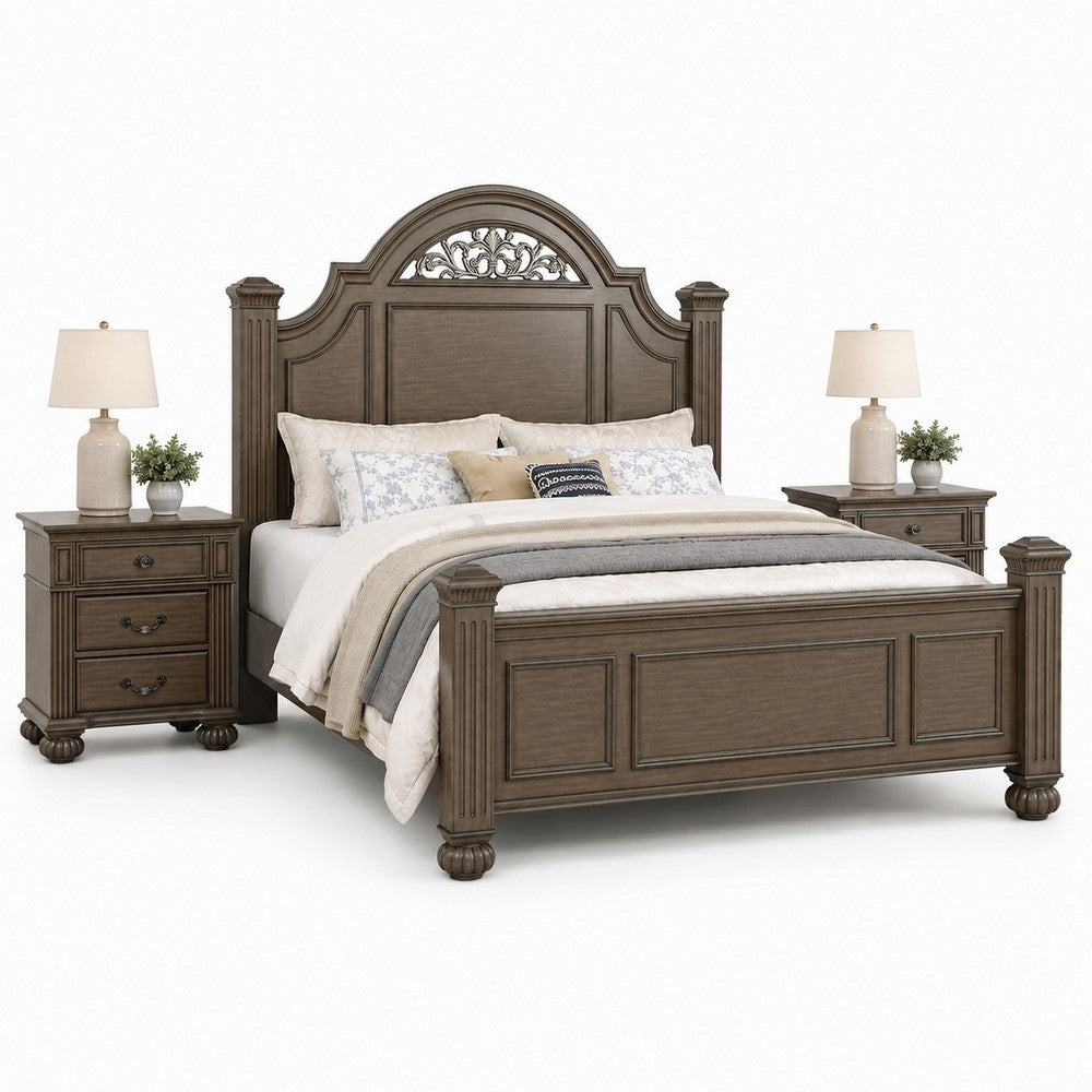 Queen Bedroom Set, Gray, Brass, Clear Wood, 3 Piece Set with 2 Nightstands