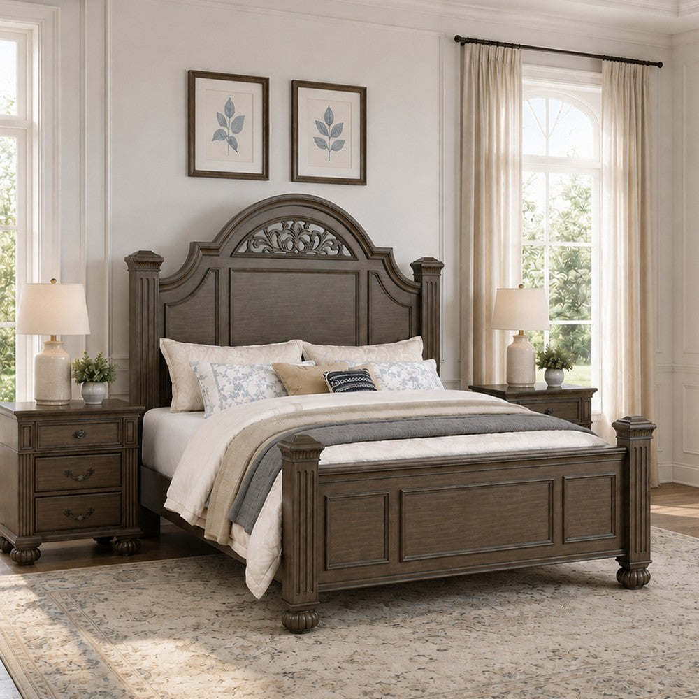 Queen Bedroom Set, Gray, Brass, Clear Wood, 3 Piece Set with 2 Nightstands