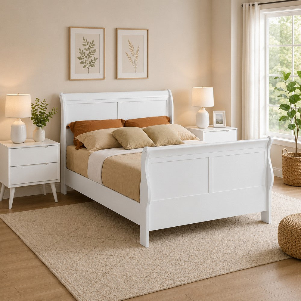 Queen Bedroom Set, White Wood, 3 Piece Set with 2 Nightstands