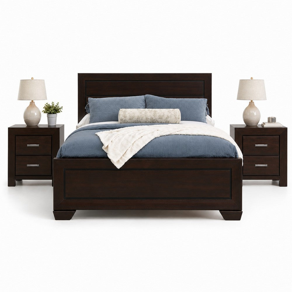 Queen Bedroom Set, Brown Wood, 3 Piece Set with 2 Nightstands