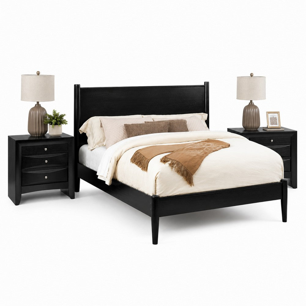 Queen Bedroom Set, Black Wood, 3 Piece Set with 2 Nightstands