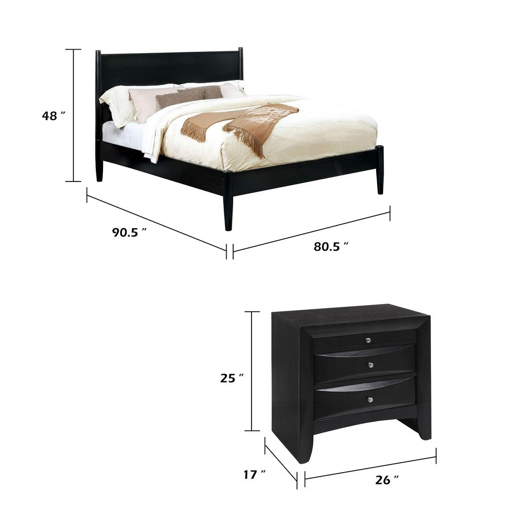 Queen Bedroom Set, Black Wood, 3 Piece Set with 2 Nightstands