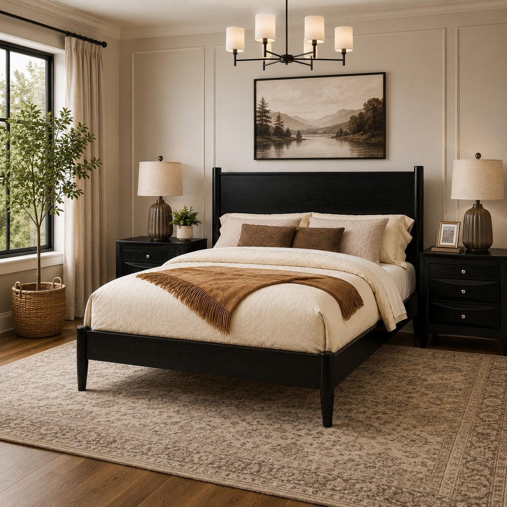 Queen Bedroom Set, Black Wood, 3 Piece Set with 2 Nightstands