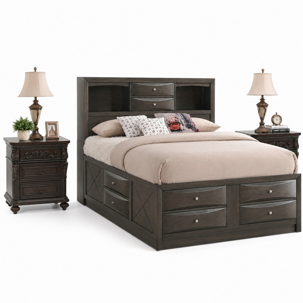 Queen Bedroom Set, Brown Wood, 3 Piece Set with 2 Nightstands
