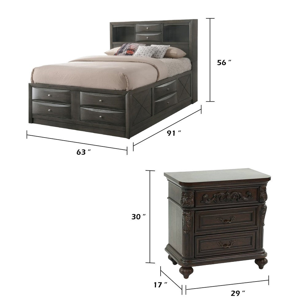 Queen Bedroom Set, Brown Wood, 3 Piece Set with 2 Nightstands
