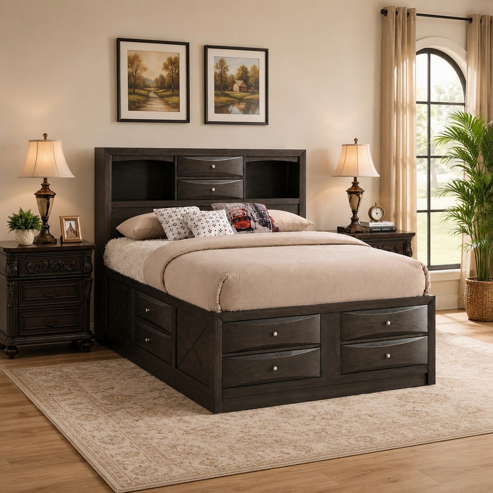 Queen Bedroom Set, Brown Wood, 3 Piece Set with 2 Nightstands