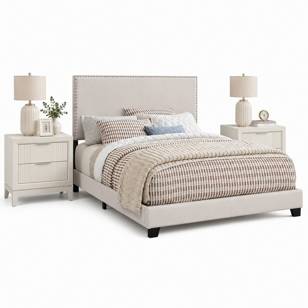 Queen Bedroom Set, Ivory, White, Chrome Wood, 3 Piece Set with 2 Nightstands