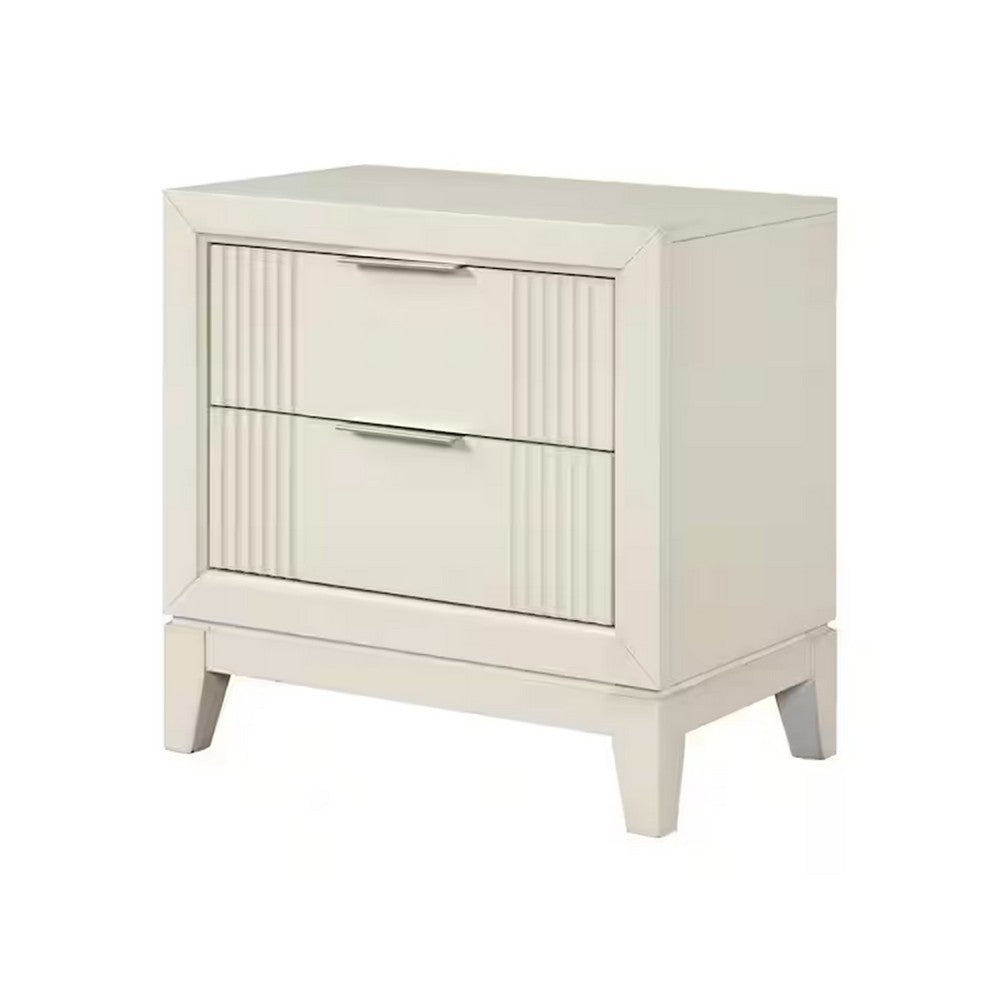 Queen Bedroom Set, Ivory, White, Chrome Wood, 3 Piece Set with 2 Nightstands
