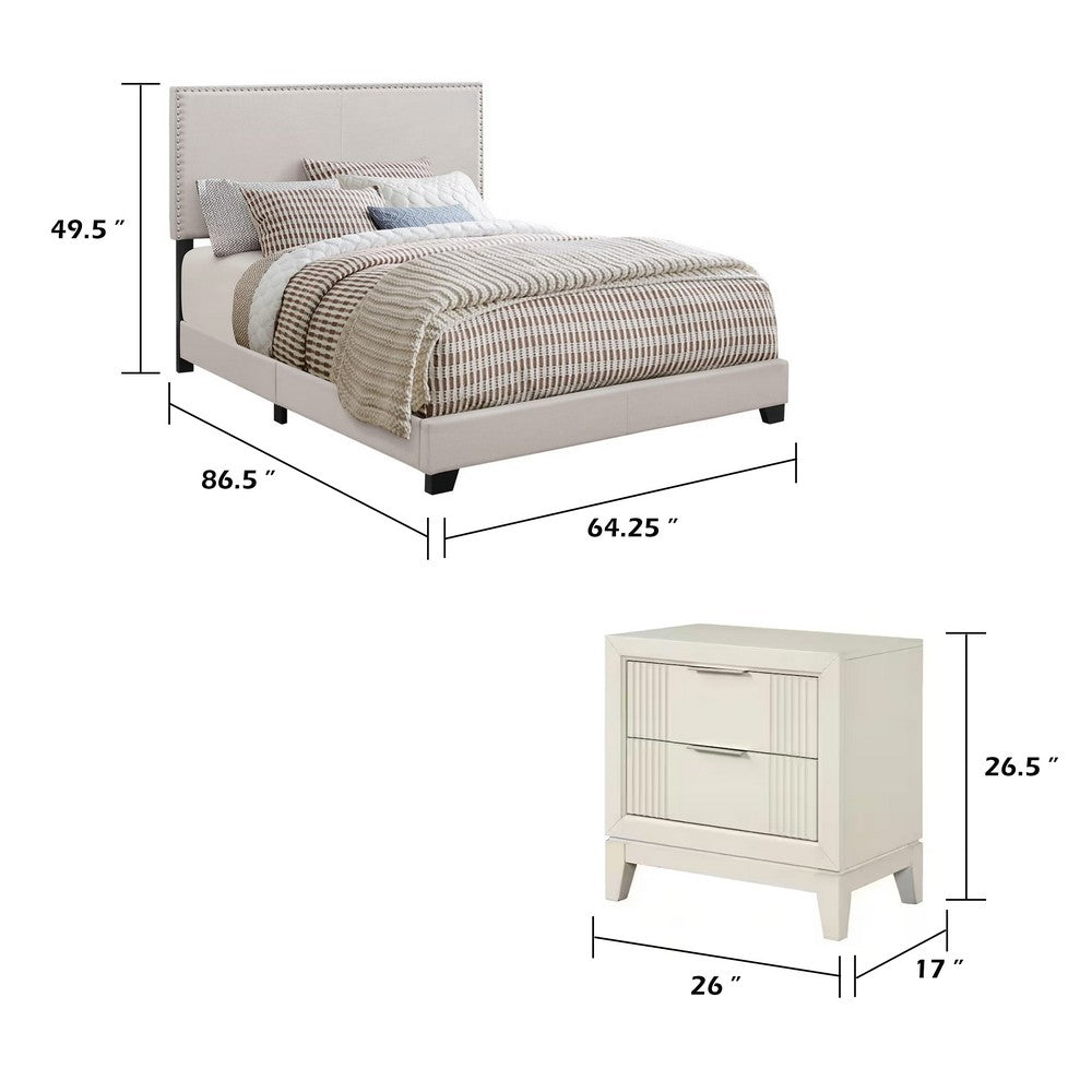 Queen Bedroom Set, Ivory, White, Chrome Wood, 3 Piece Set with 2 Nightstands