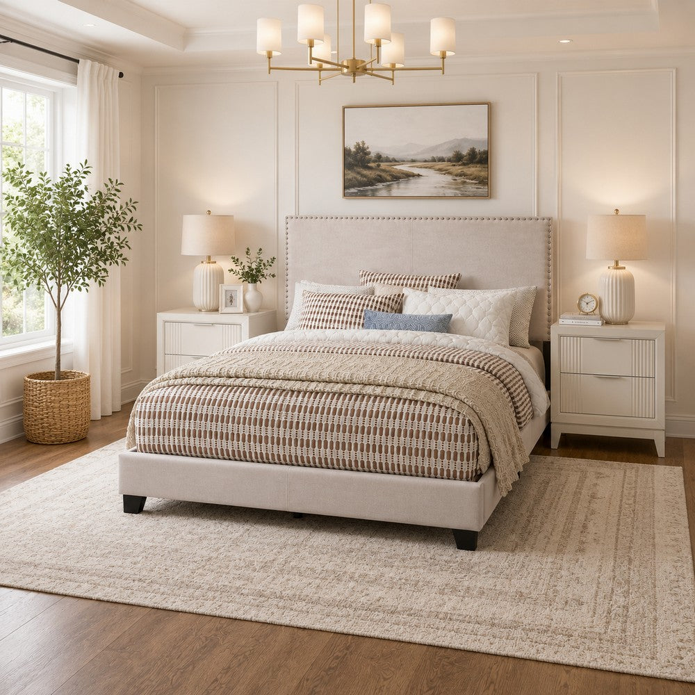 Queen Bedroom Set, Ivory, White, Chrome Wood, 3 Piece Set with 2 Nightstands