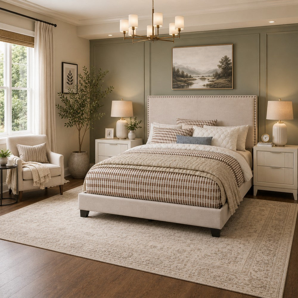 Queen Bedroom Set, Ivory, White, Chrome Wood, 3 Piece Set with 2 Nightstands