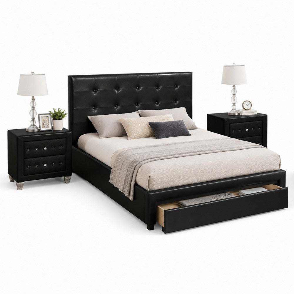 Queen Bedroom Set, Black Wood, 3 Piece Set with 2 Nightstands