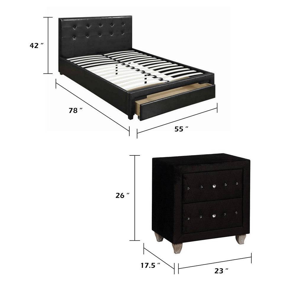Queen Bedroom Set, Black Wood, 3 Piece Set with 2 Nightstands