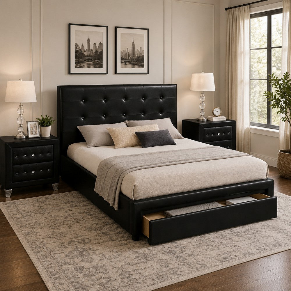 Queen Bedroom Set, Black Wood, 3 Piece Set with 2 Nightstands