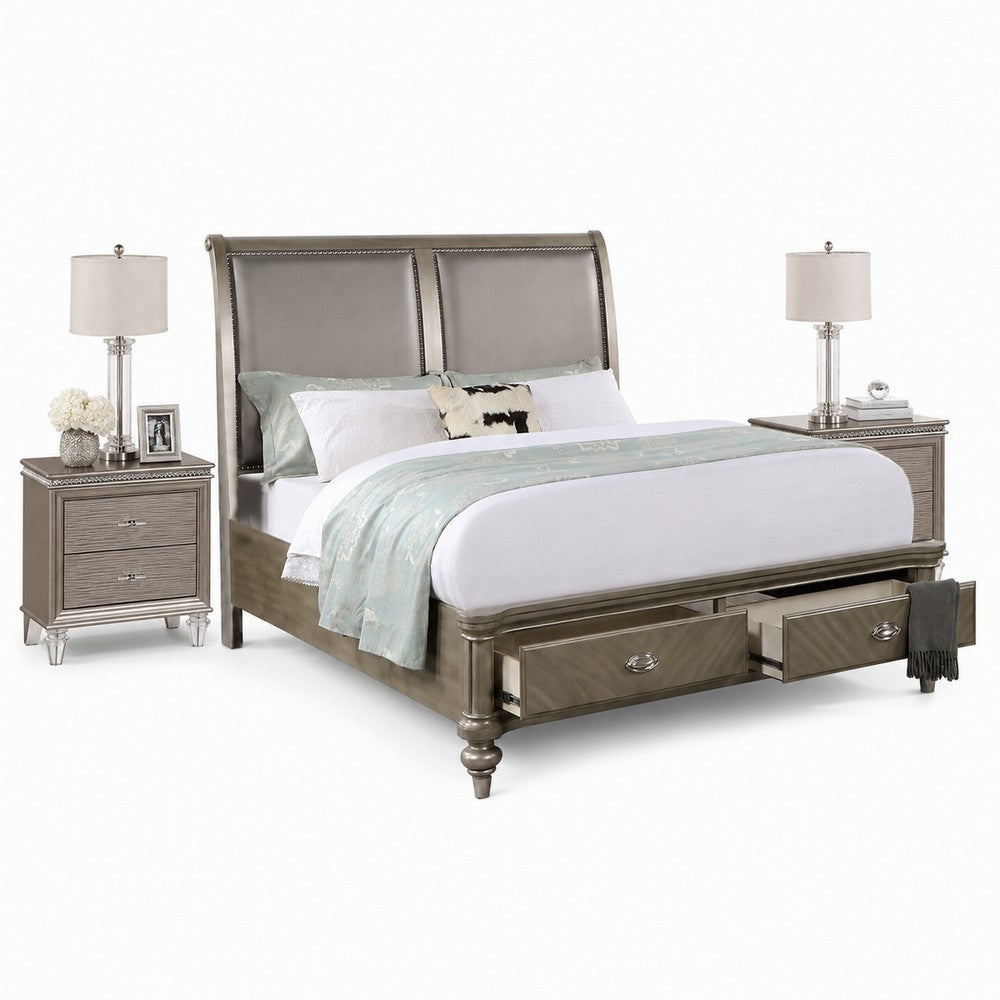 Queen Bedroom Set, Gold Wood, 3 Piece Set with 2 Nightstands