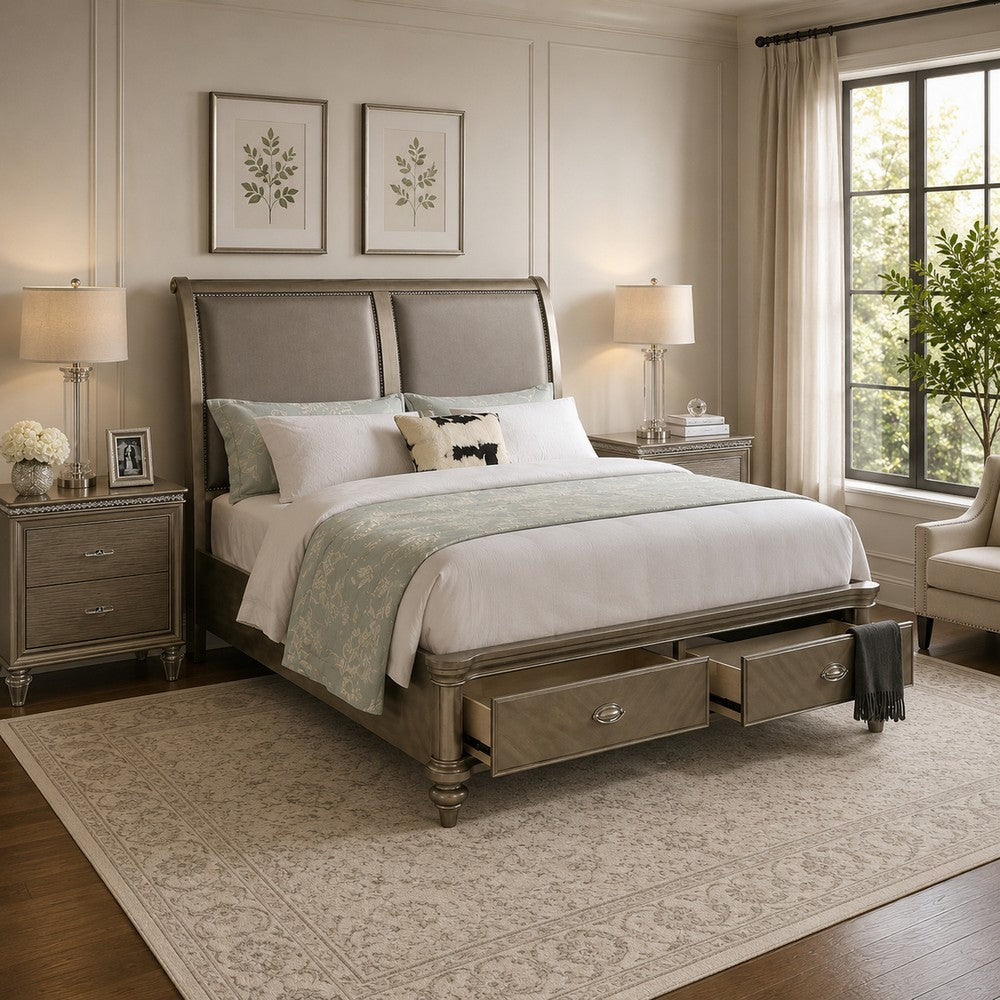 Queen Bedroom Set, Gold Wood, 3 Piece Set with 2 Nightstands