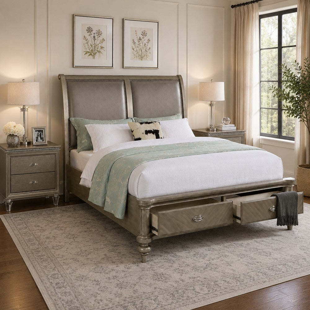 Queen Bedroom Set, Gold Wood, 3 Piece Set with 2 Nightstands