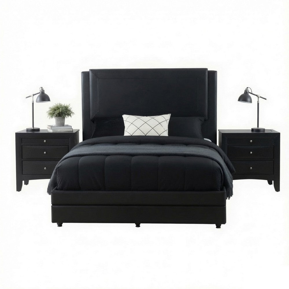 Queen Bedroom Set, Black Wood, 3 Piece Set with 2 Nightstands